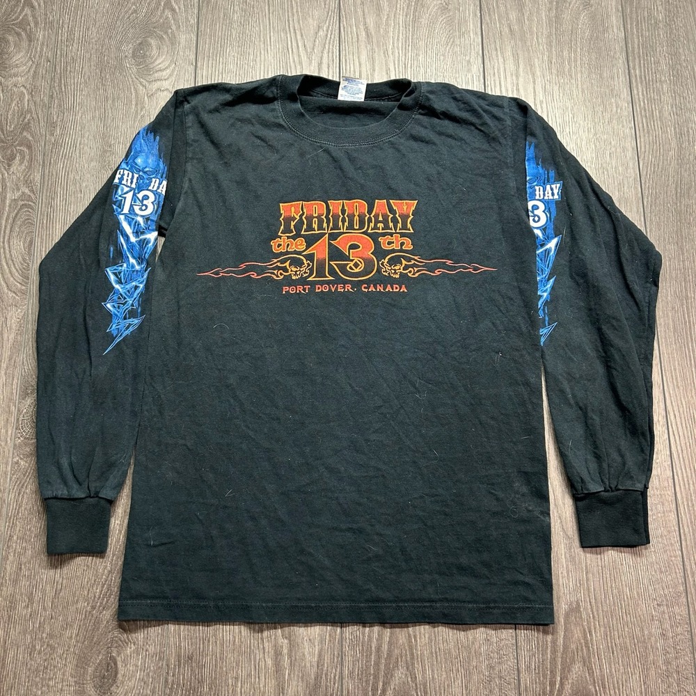 Vintage 2005 Friday 13 Port Dover Biker Long Flame Sleeve Shirt Black Small Y2K